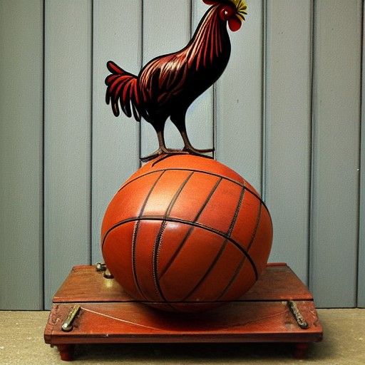 Steampunk Rooster Perched on Antique Basketball