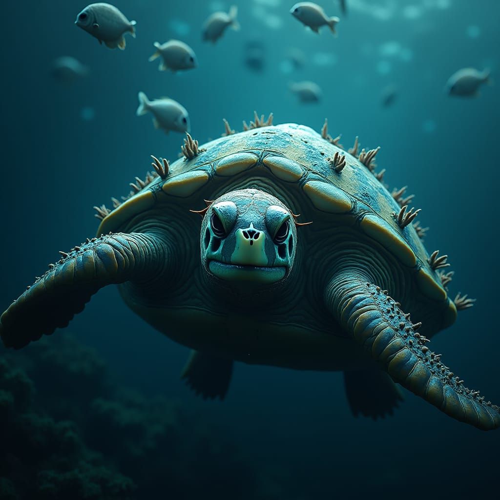 Majestic War Turtle in Bioluminescent Ocean Depths
