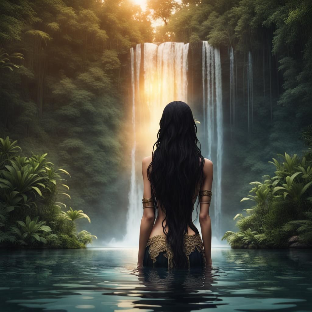Jungle Waterfall Sunset with Woman, Detailed Matte Painting