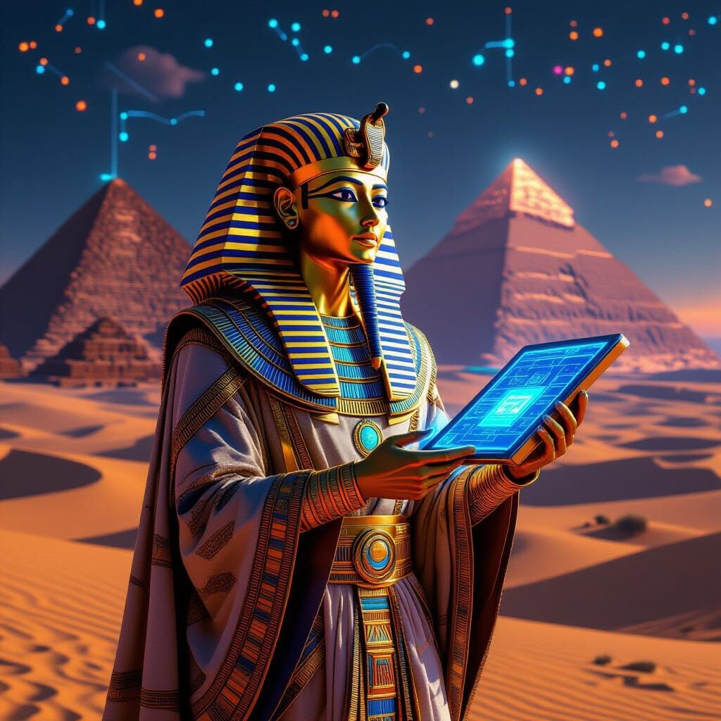 Futuristic Pharaoh with Holographic Tablet in Neon Desert