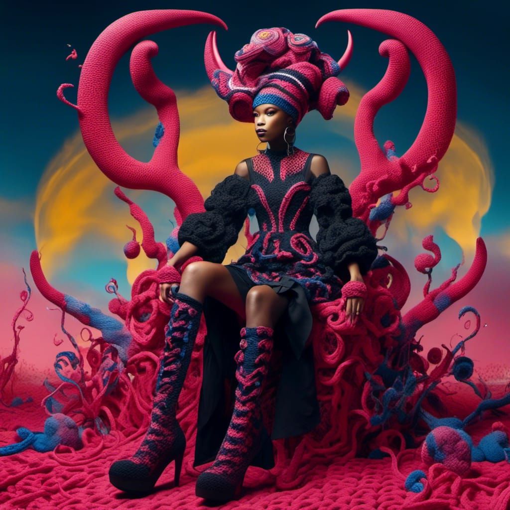 Avant-Garde Crochet Fashion with Surreal Boots