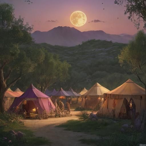 Hyperrealistic Romani Camp in Enchanted Desert Oasis
