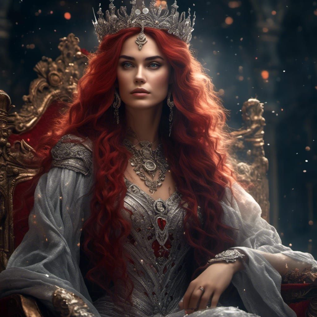 Beautiful Queen on Red Throne in Fantasy Art