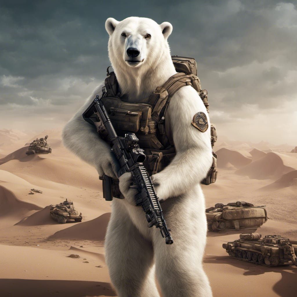 Polar Bear with Machine Guns in Desert Landscape