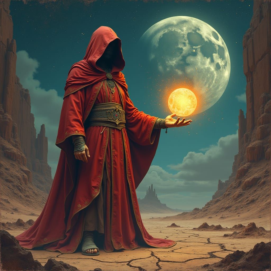 Wizard on Alien Planet in Vintage Illustration Style