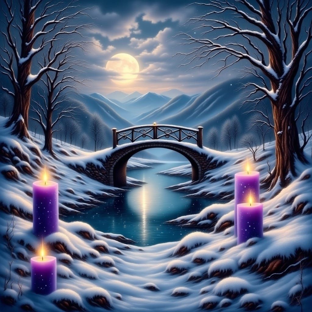 Serene Winter Scene with Arched Bridge and Candles