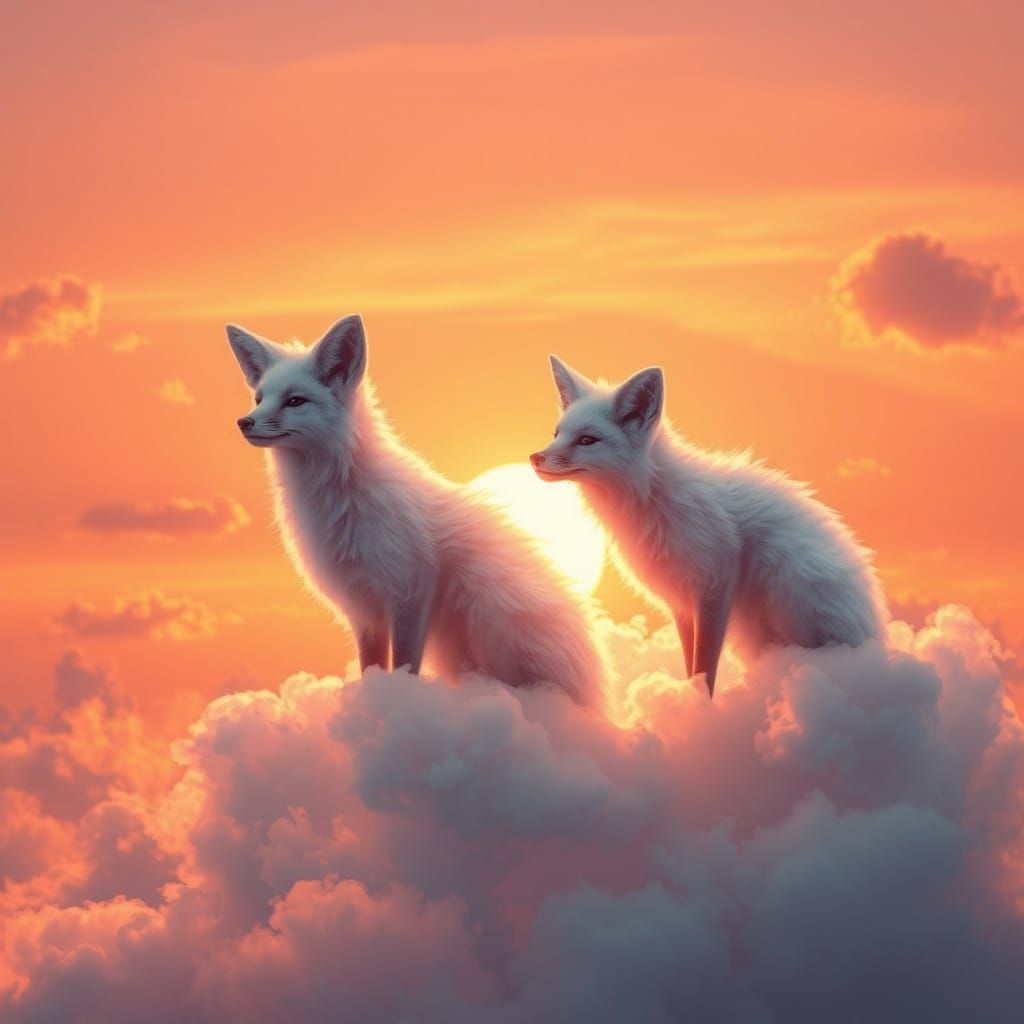 Dreamy Cloud Foxes in Vibrant Sunset Sky
