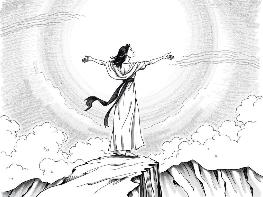 Empowered Woman on Cliffside in Hand-Drawn Illustration