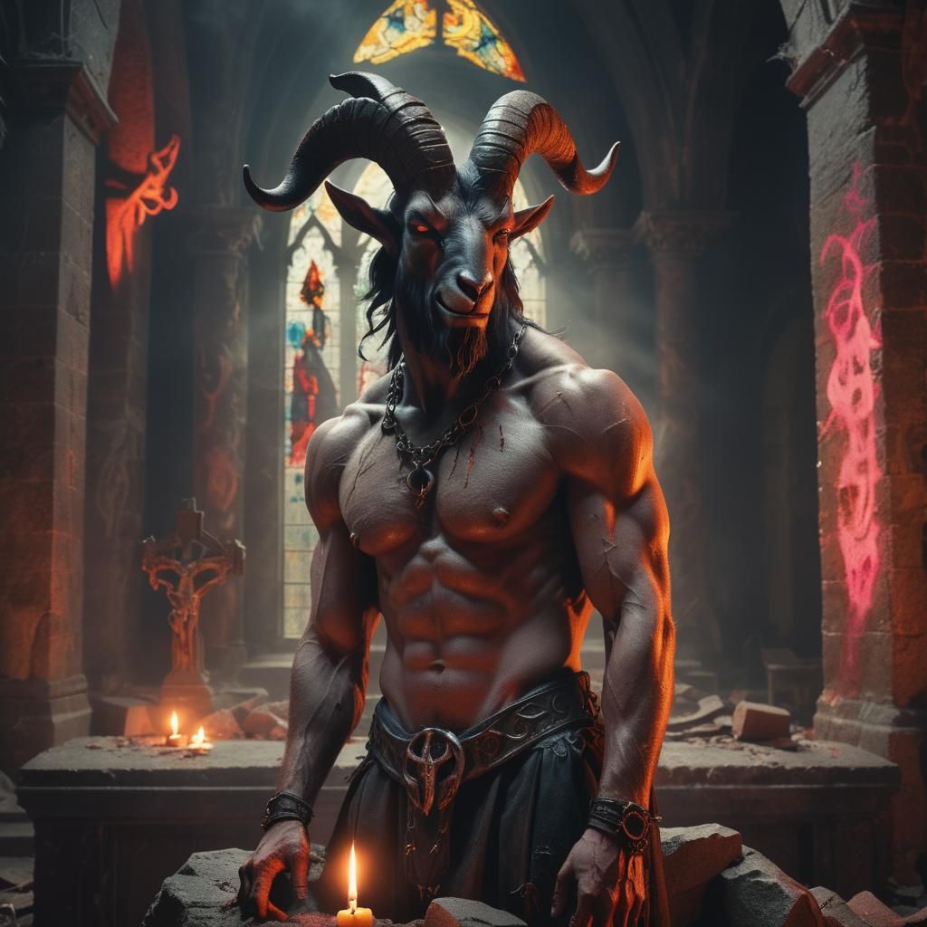 Baphomet in Desecrated Church: Dark Fantasy Photorealism