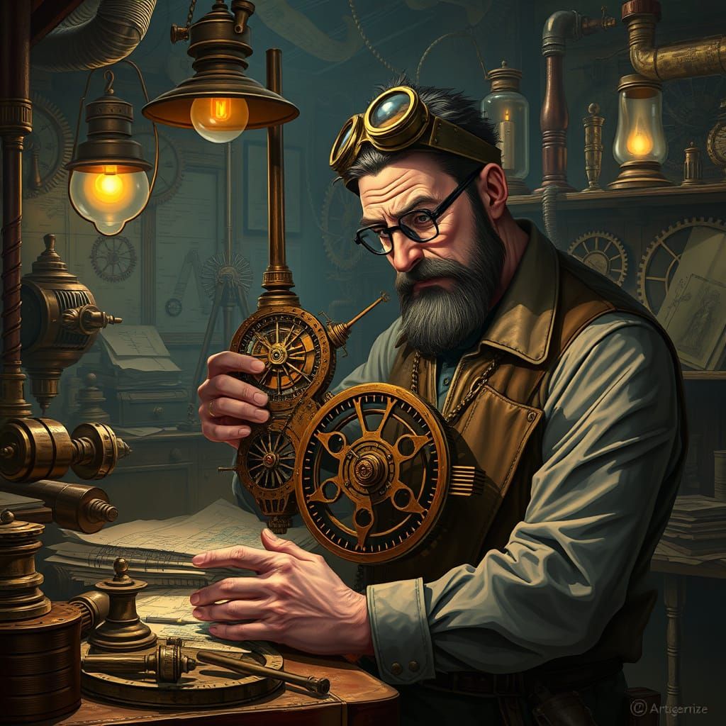 Steampunk Inventor Tinkering in Workshop with Clockwork Cont...