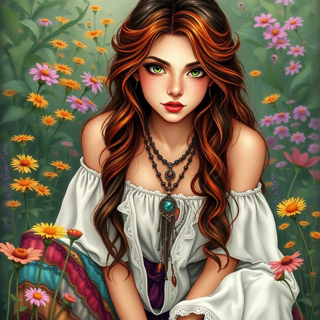 Boho Witch in Lush Garden, Digital Art Portrait