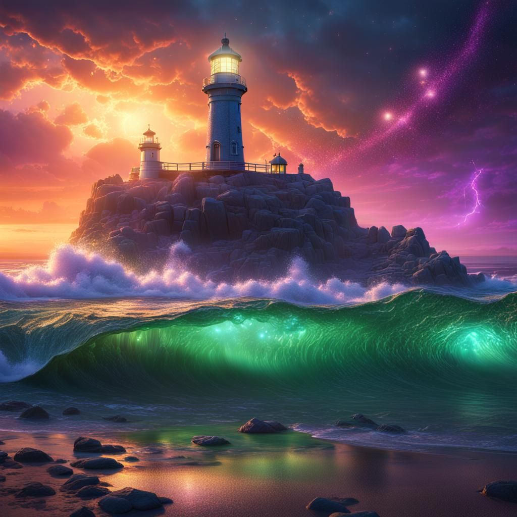 Epic Sunset Over Lighthouse Beach With Galaxy Sparkle