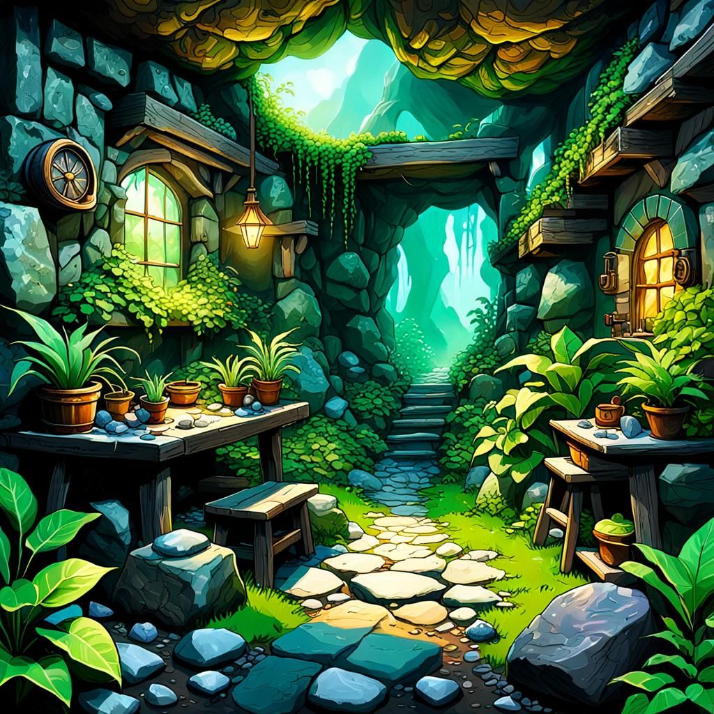 Colorful Underground Mine with Plants and Diamonds