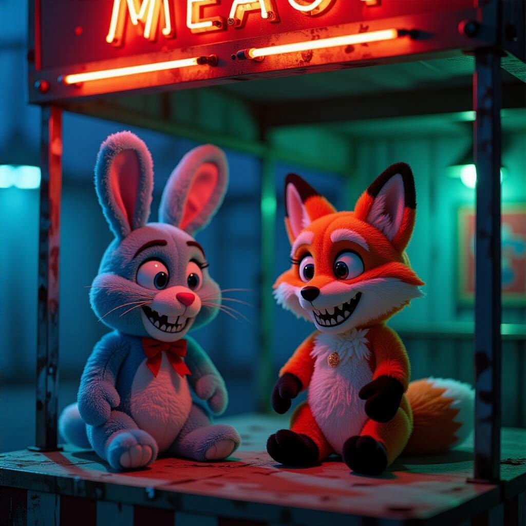 Menacing Plush Toys Plotting in Abandoned Carnival Booth