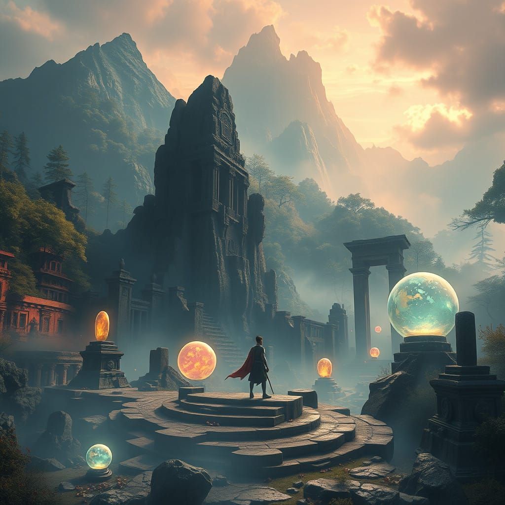 Ethereal Problem Solver in Vibrant, Ancient Ruins Landscape