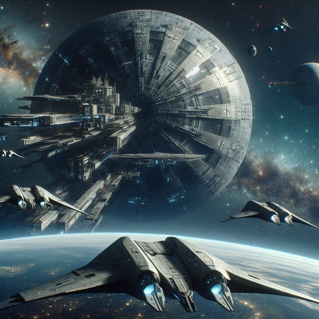 Futuristic Starship Sails Through Space Alongside Triangular...