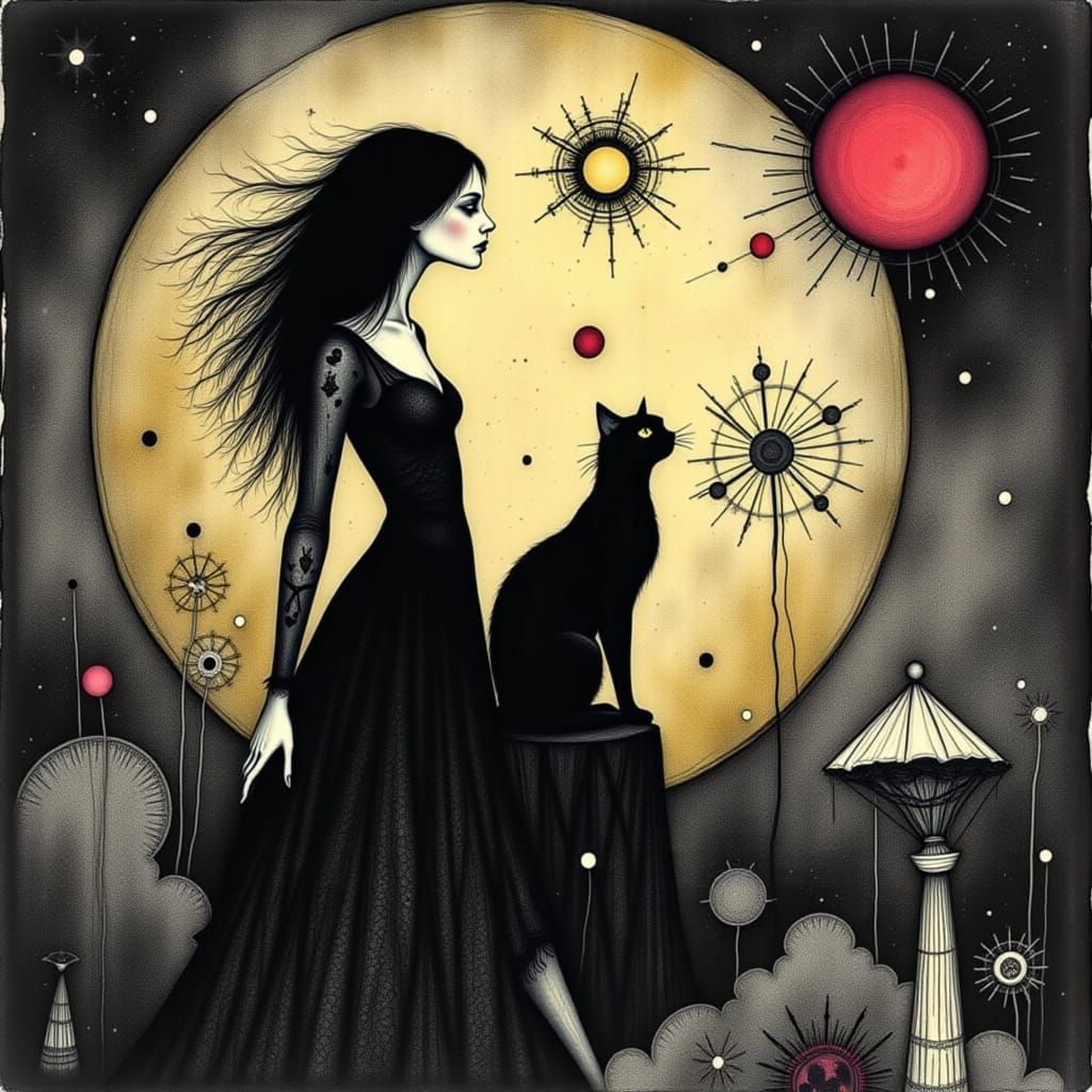 Steampunk Fairy Witch Menaces Black Cat in Globe