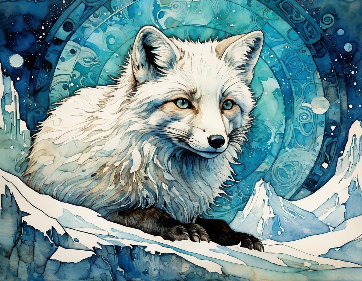 Arctic Fox in Elegant Steampunk Watercolour