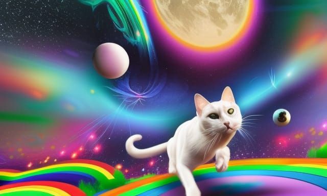 Psychedelic White Cat in Starry Space