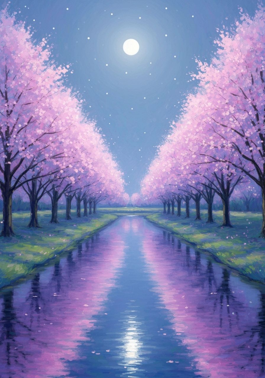 Moonlit River Landscape with Blossoming Trees