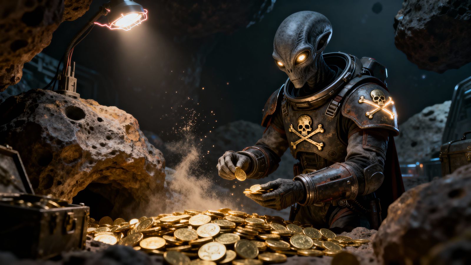 Sinister Grey Alien Space Pirate Counting Gold in Asteroid B...