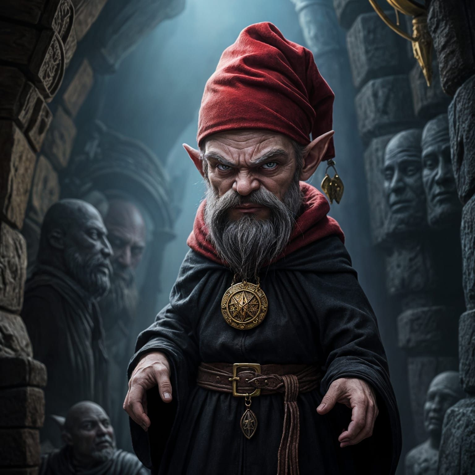 Evil Gnome Cultist in Dungeon, Fantasy Art