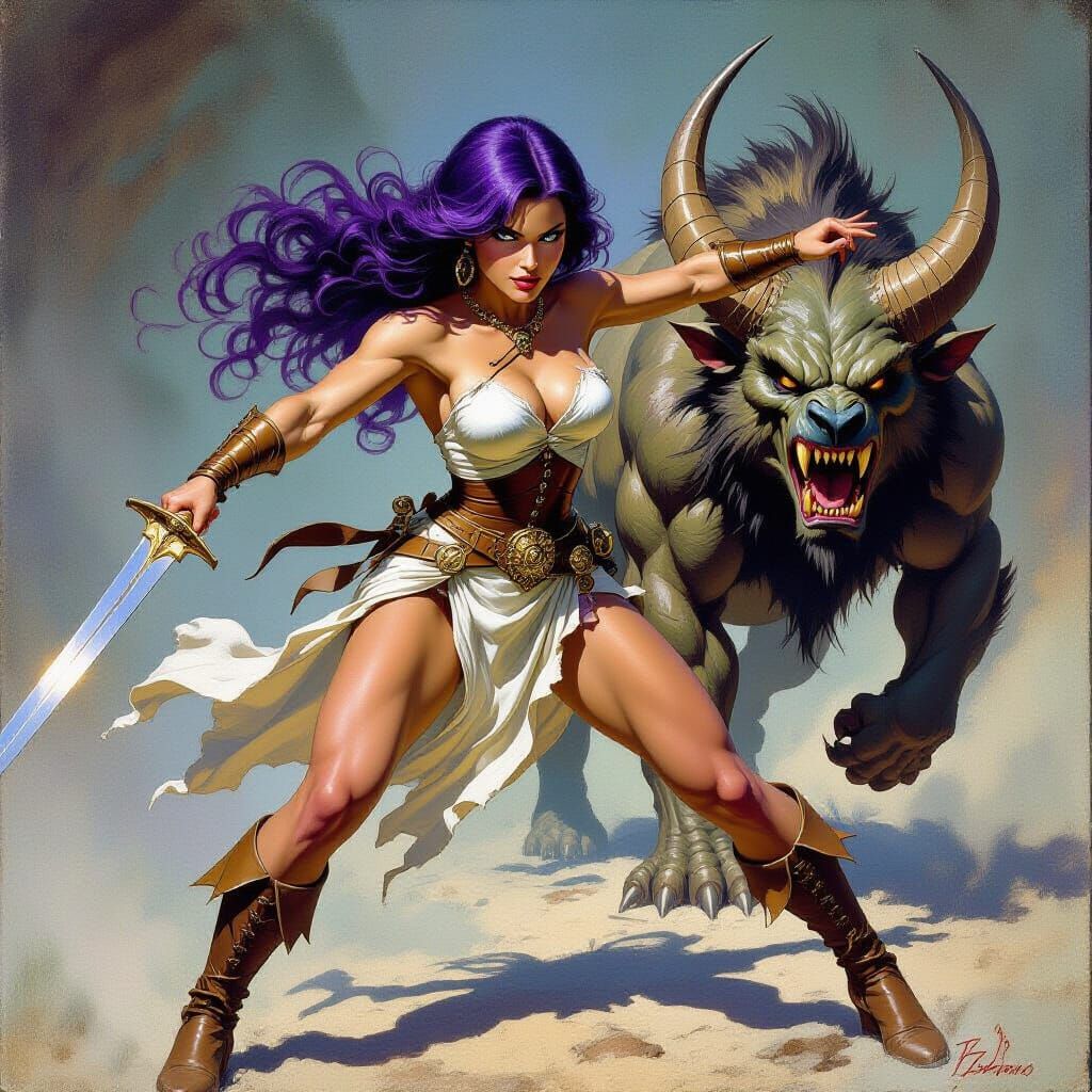 Beautiful Woman Battles Chimera in Fantasy Art