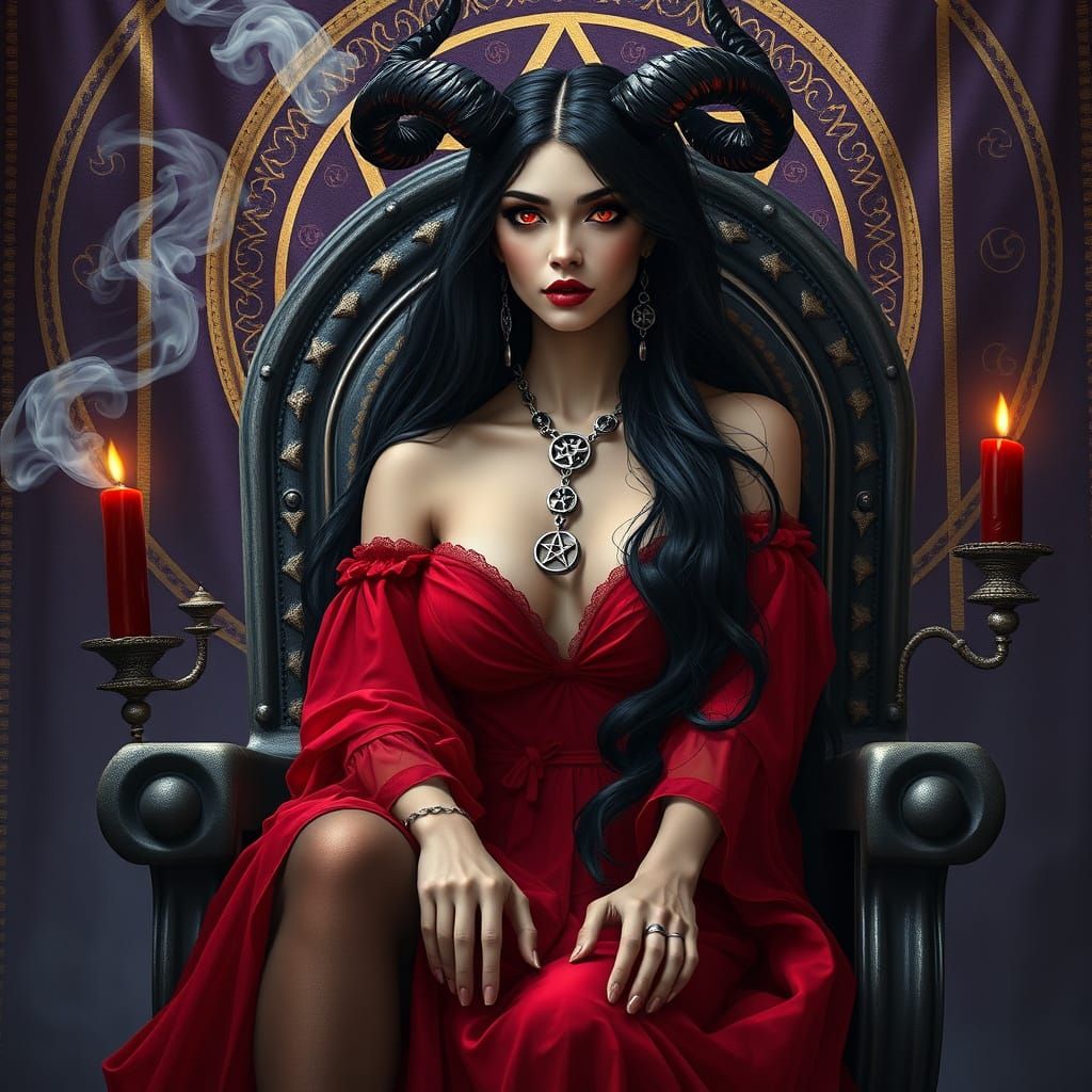Majestic Goddess in Red, with Horns and Pentagram