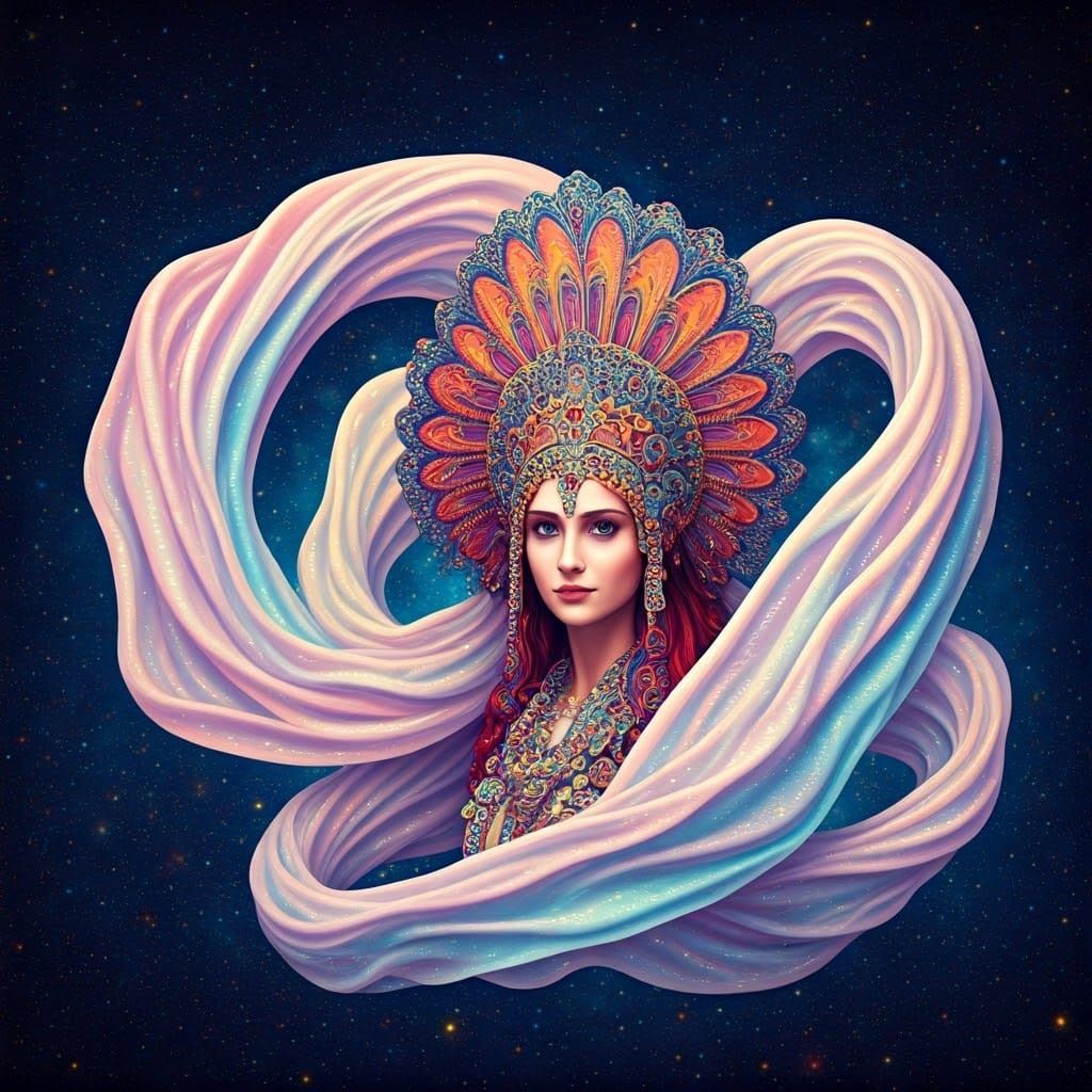 Dreamlike Woman in Headdress with Starry Sky, Abstract Art