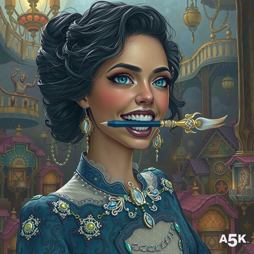 Whimsical Woman Lost in Thought with a Pencil