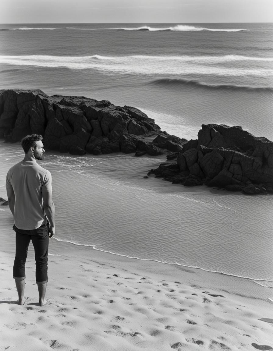 Man Contemplates Ocean Waves on Sandy Beach