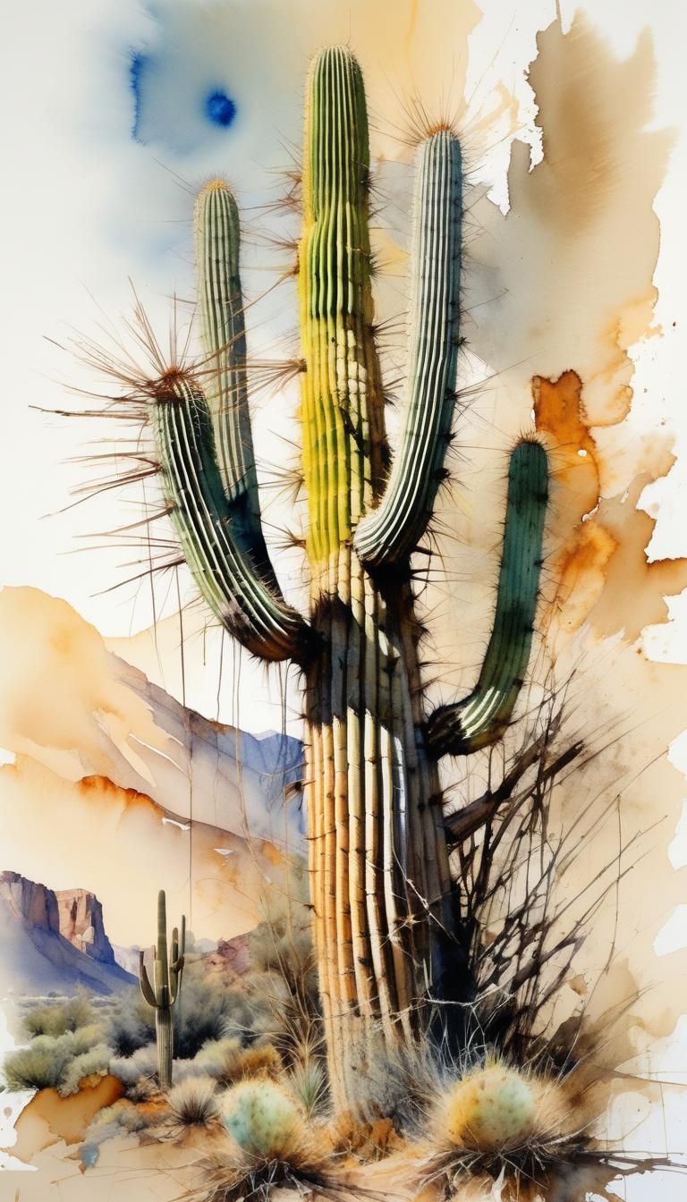 Watercolor Saguaro Cactus with Spiderweb