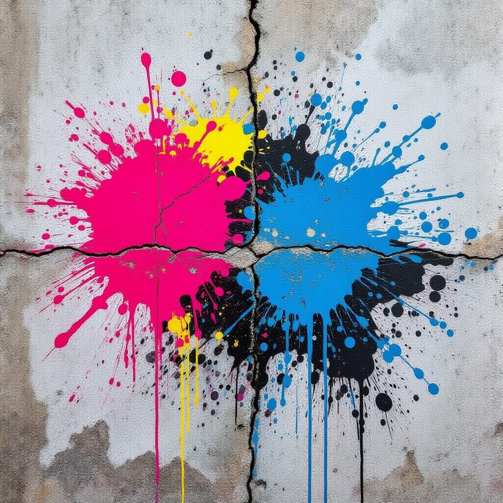 Abstract Neon Acrylic Splatters on Distressed Concrete