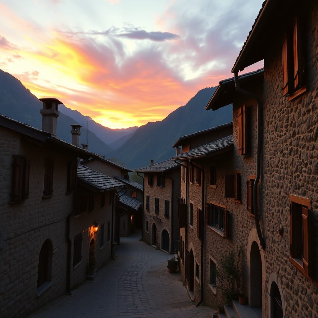 Medieval Village Sunset Amidst Majestic Mountains