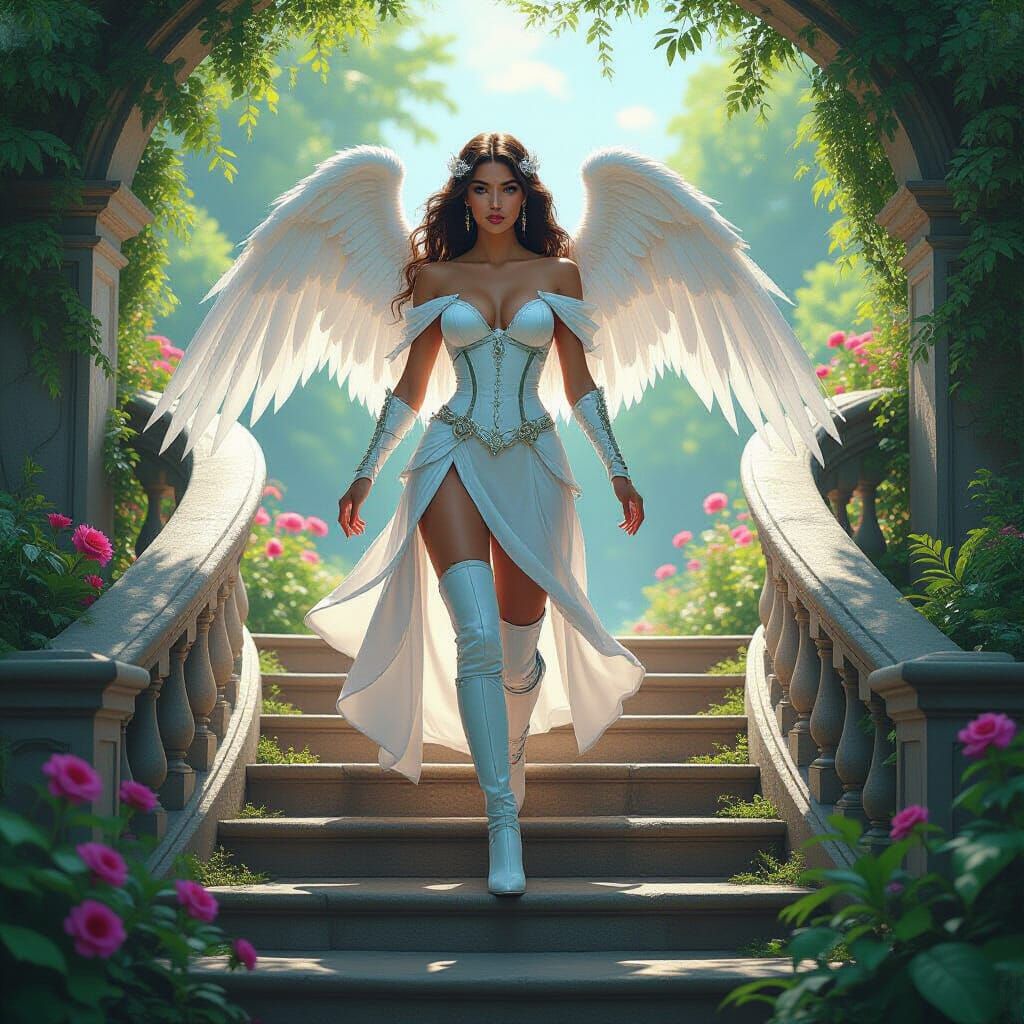 Booted Goddess Angel Ascends Enchanted Garden Staircase