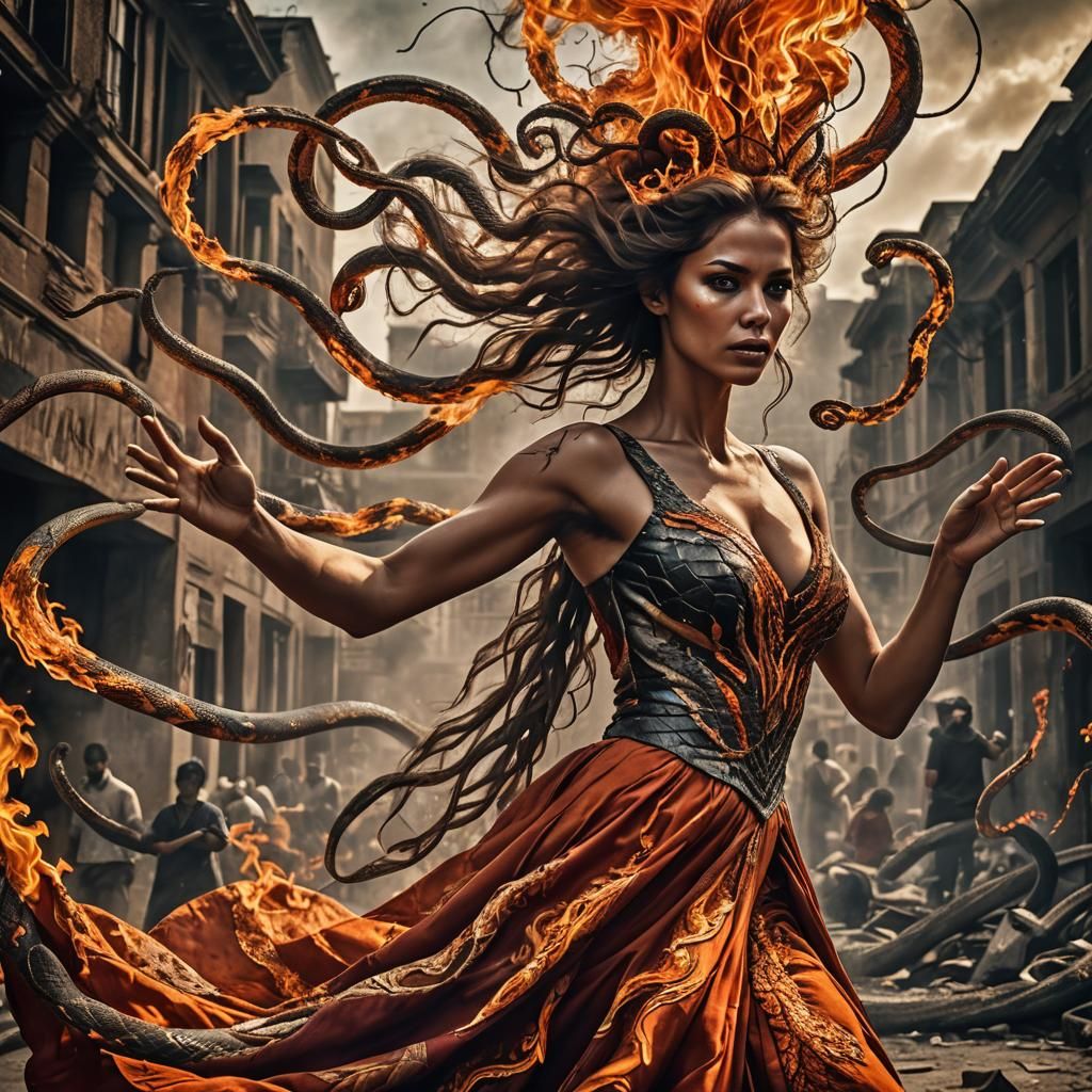 Fiery Woman Whirls in Hyperrealistic Art
