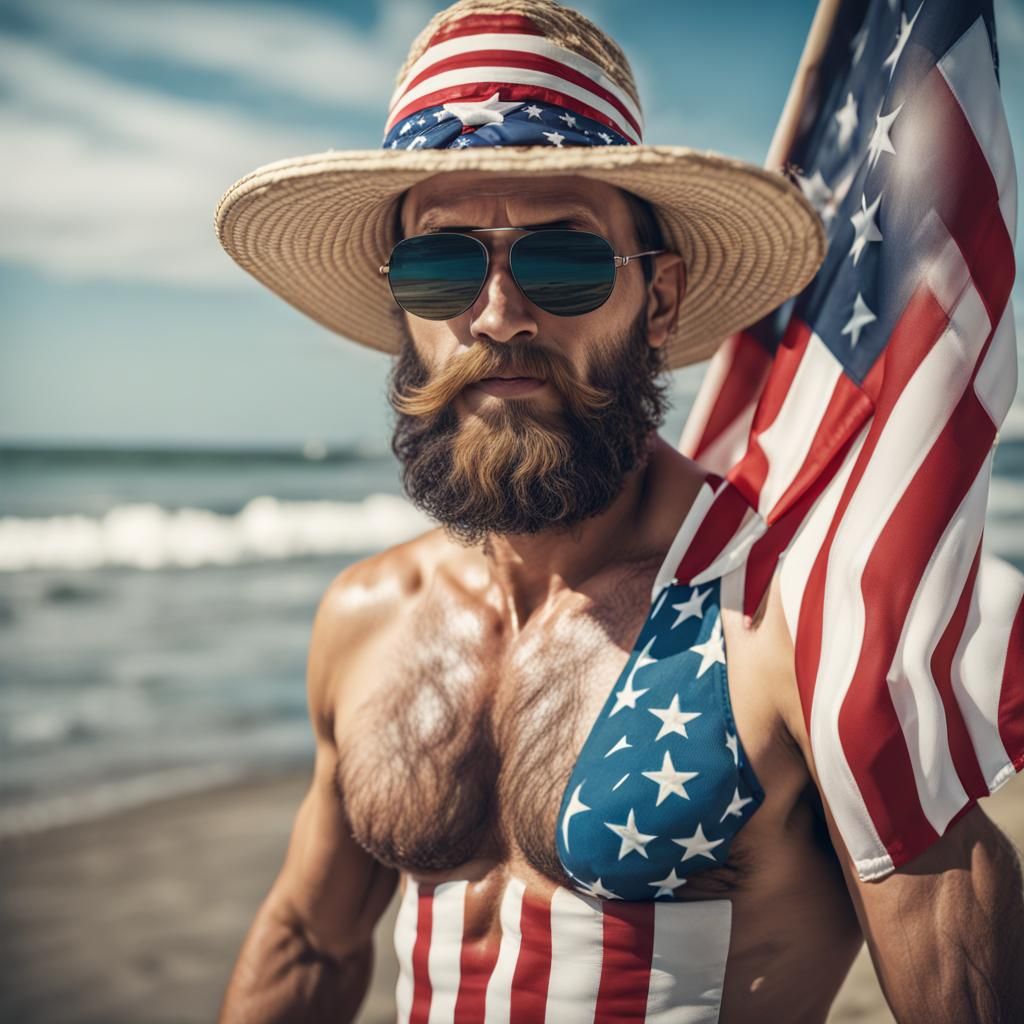 Patriotic Bearded Man on Beach in 4K Selfie