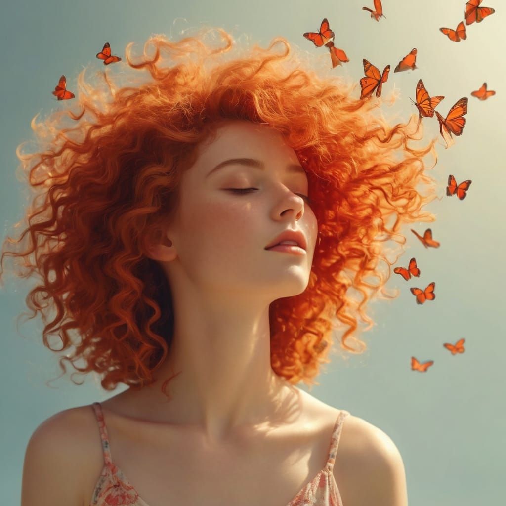 Romantic Summer Scene with Red Haired Woman and Butterflies