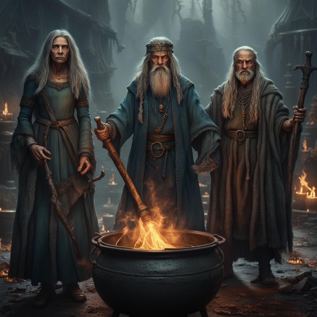 Witches Around Cauldron with Medieval Man