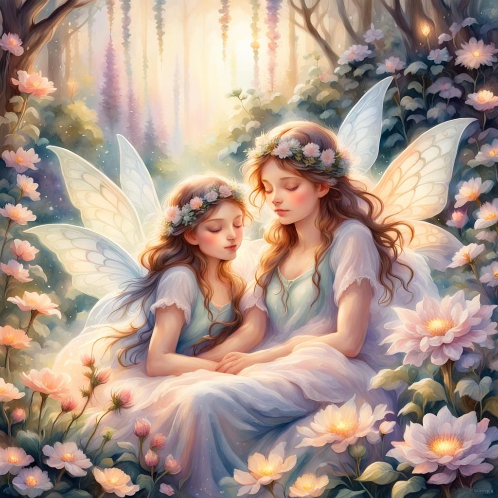 Fairies Sleeping Amongst Flowers in Watercolor