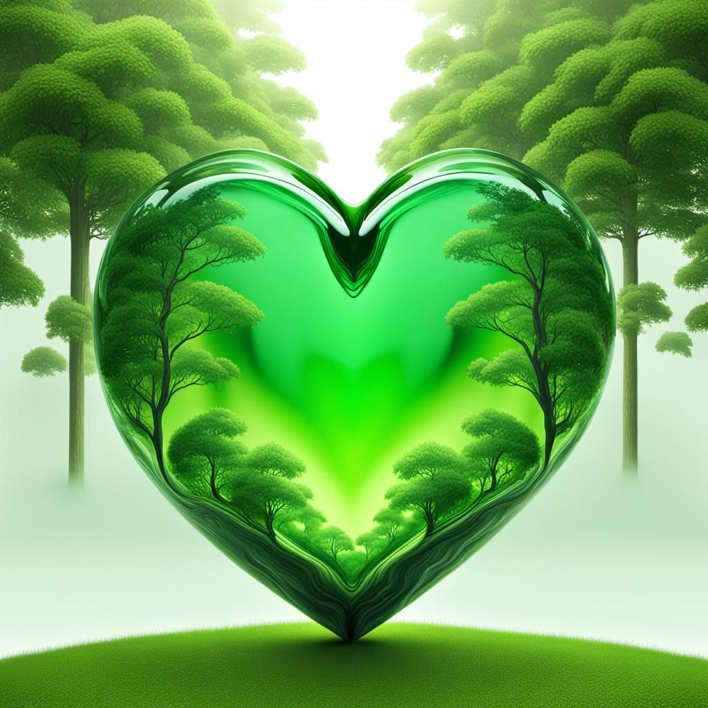 Green Earth Heart in Glass, Surreal Scene