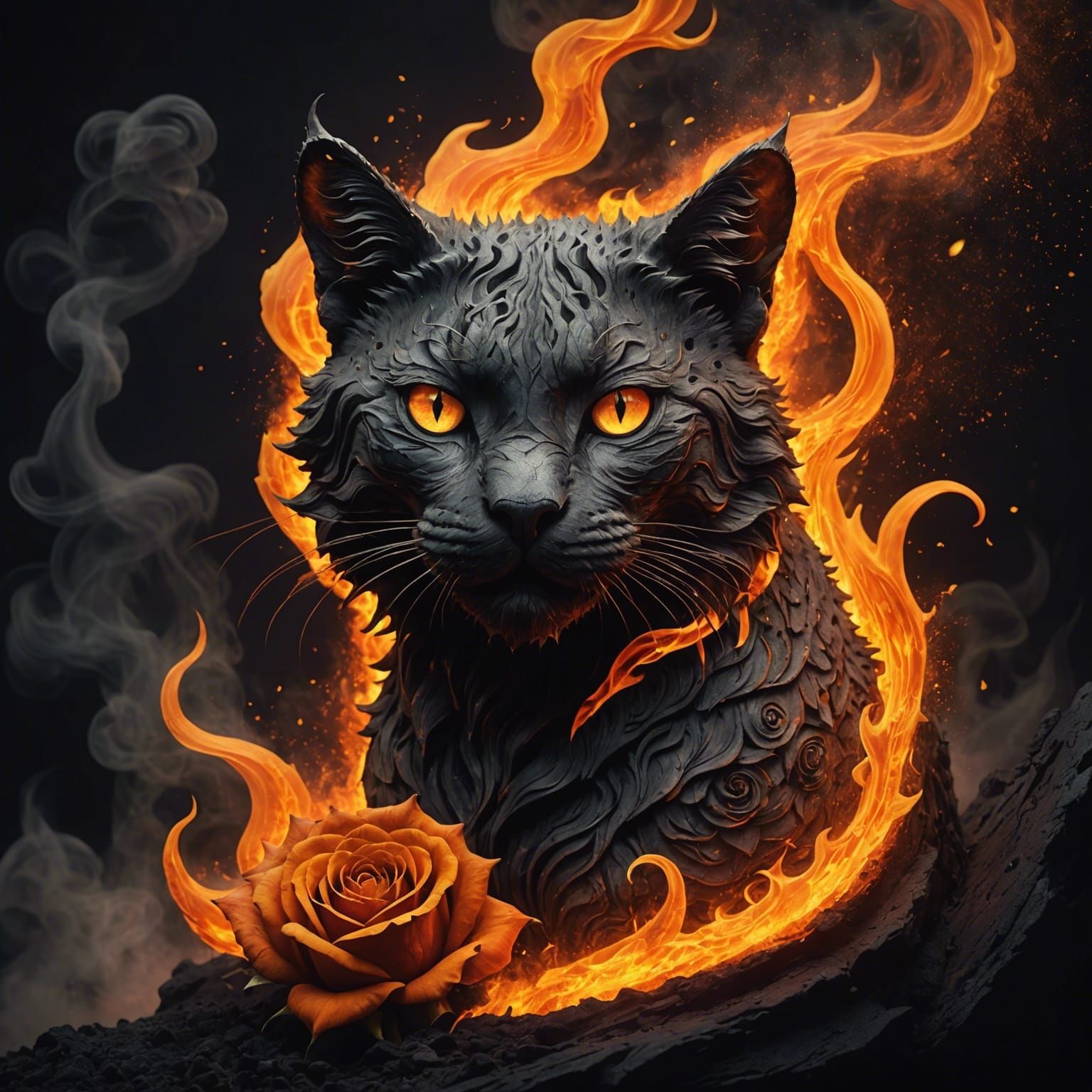 Mystical Magma Cat with Flaming Rose