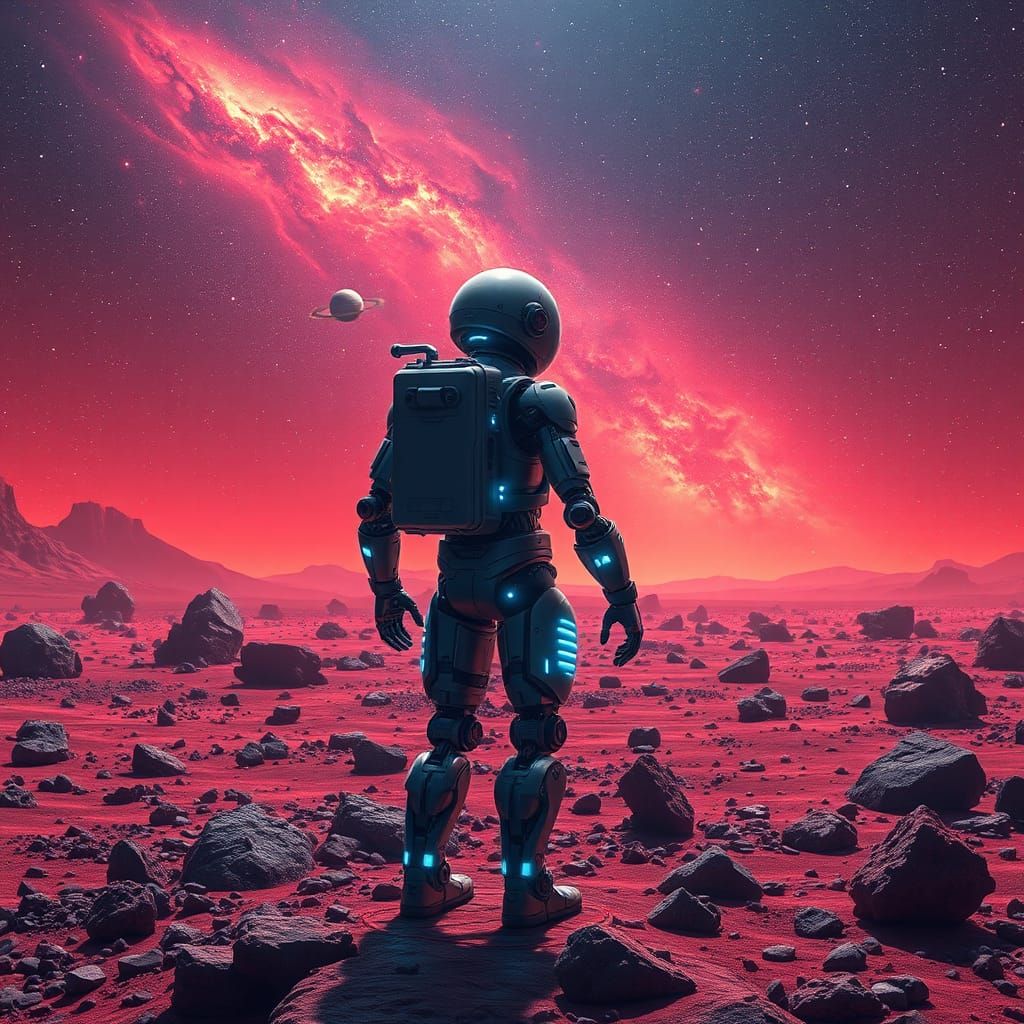 Robot Astronaut's Cosmic Divine Comedy, Sci-Fi Illustration