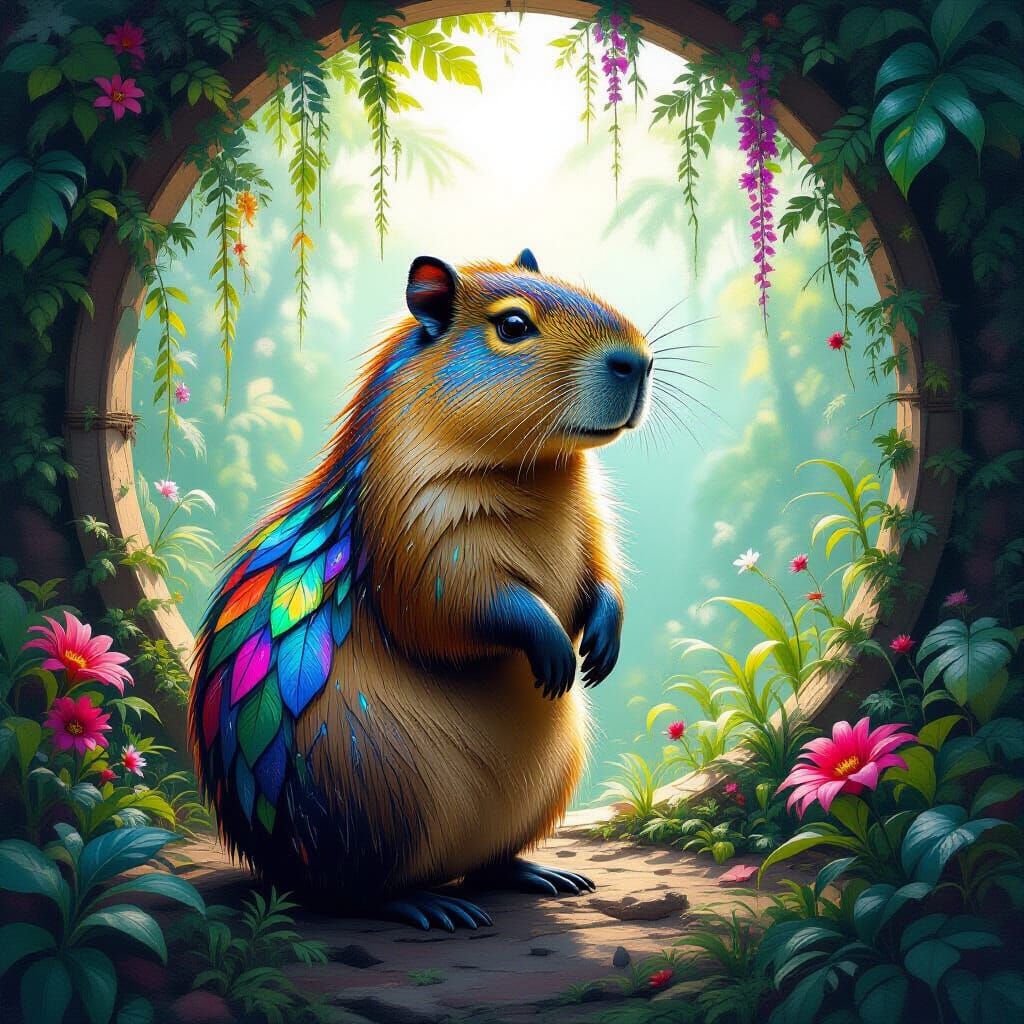 Iridescent Capybara at Bioluminescent Portal