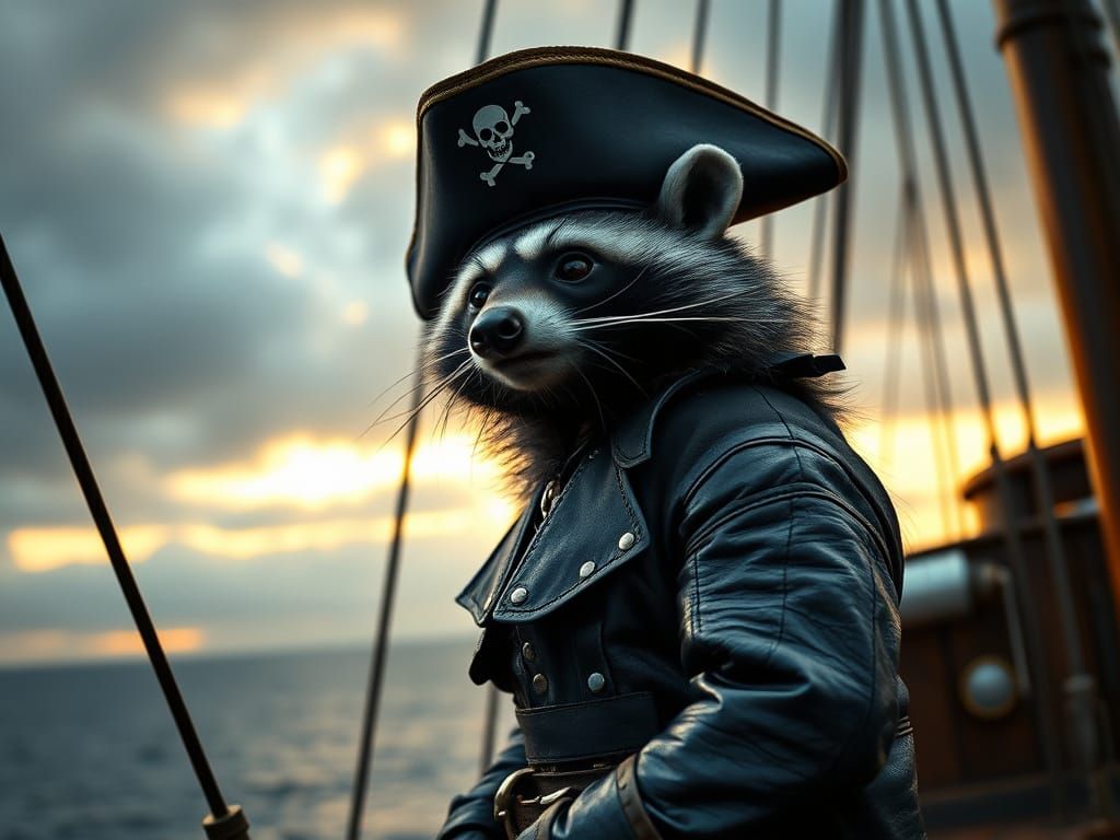 Raccoon Pirate on Sailing Ship During Golden Hour