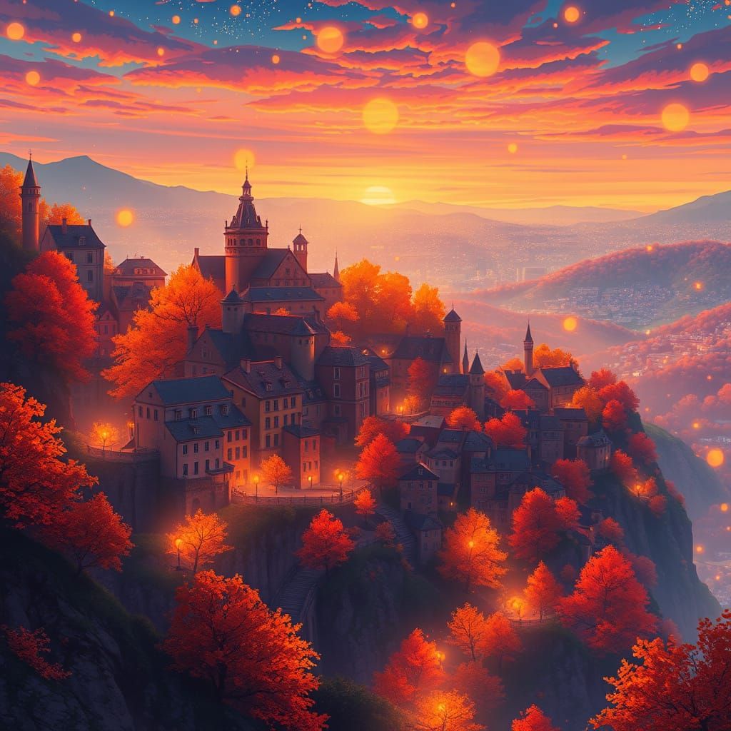Fantastical Anime City at Twilight with Golden Hills