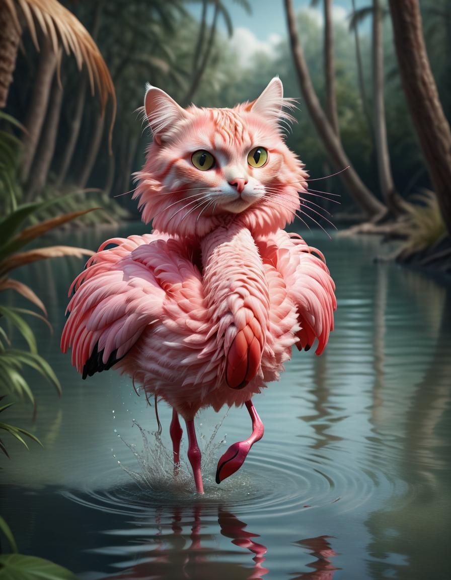 American Forest Cat as Flamingo, Detailed Wildlife Illustrat...