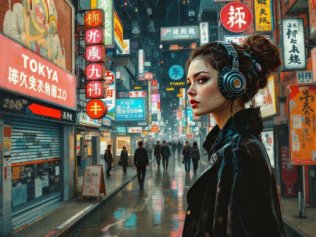 Cyber Woman Walks Through Tokyo's Neon Streets in Ancient Fr...