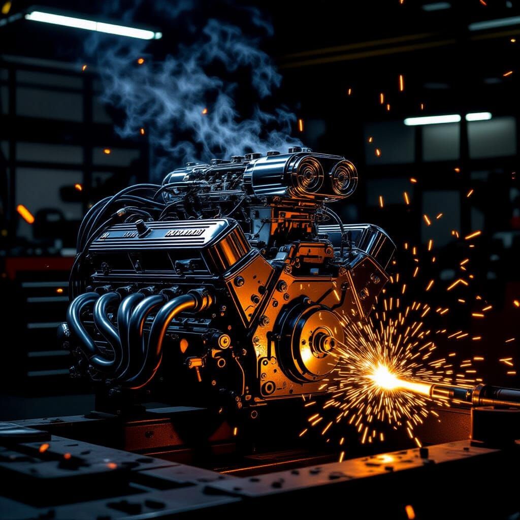 V8 Engine in Workshop with Flying Sparks
