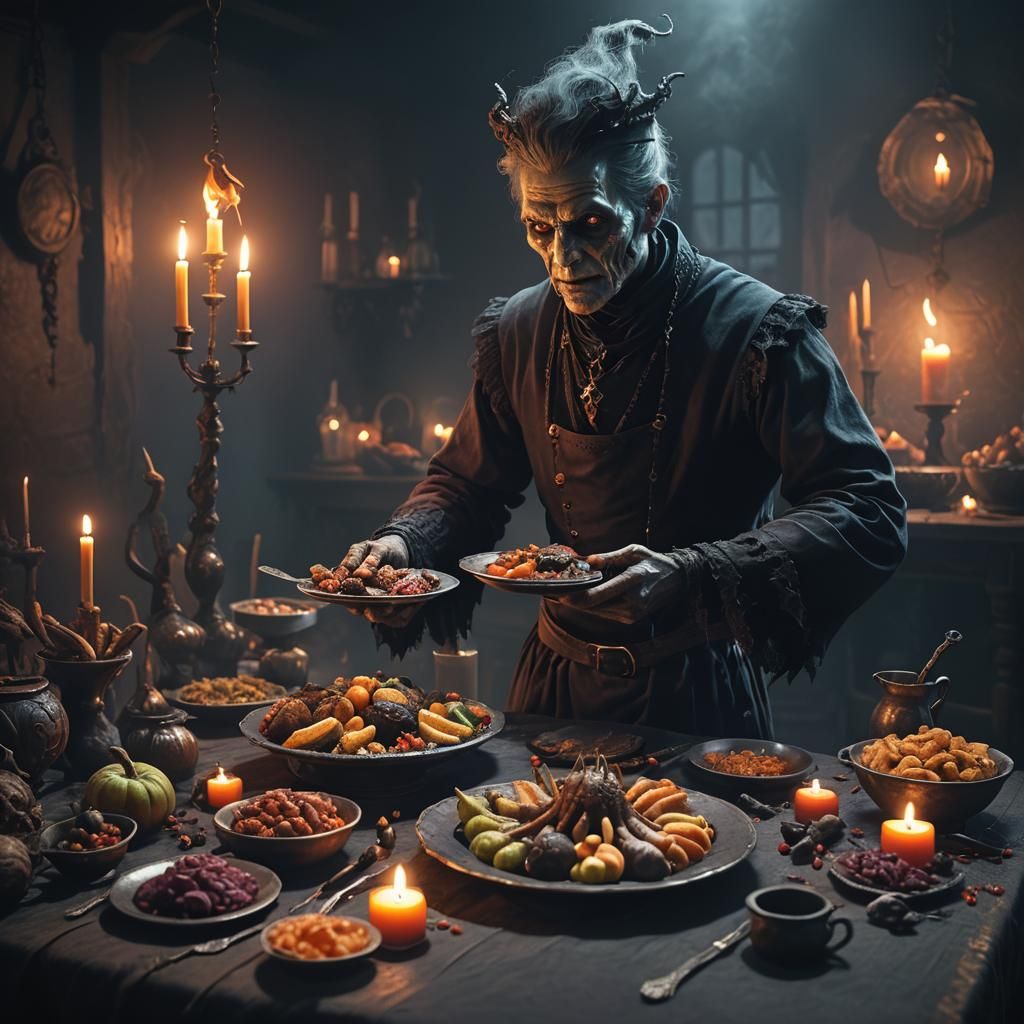 Eerie Servant's Feast in Dark Fantasy Setting